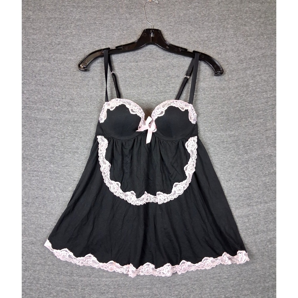 Victorias Secret Babydoll Pushup 34B Black Pink Lace Ribbon Tie Open Back Goth